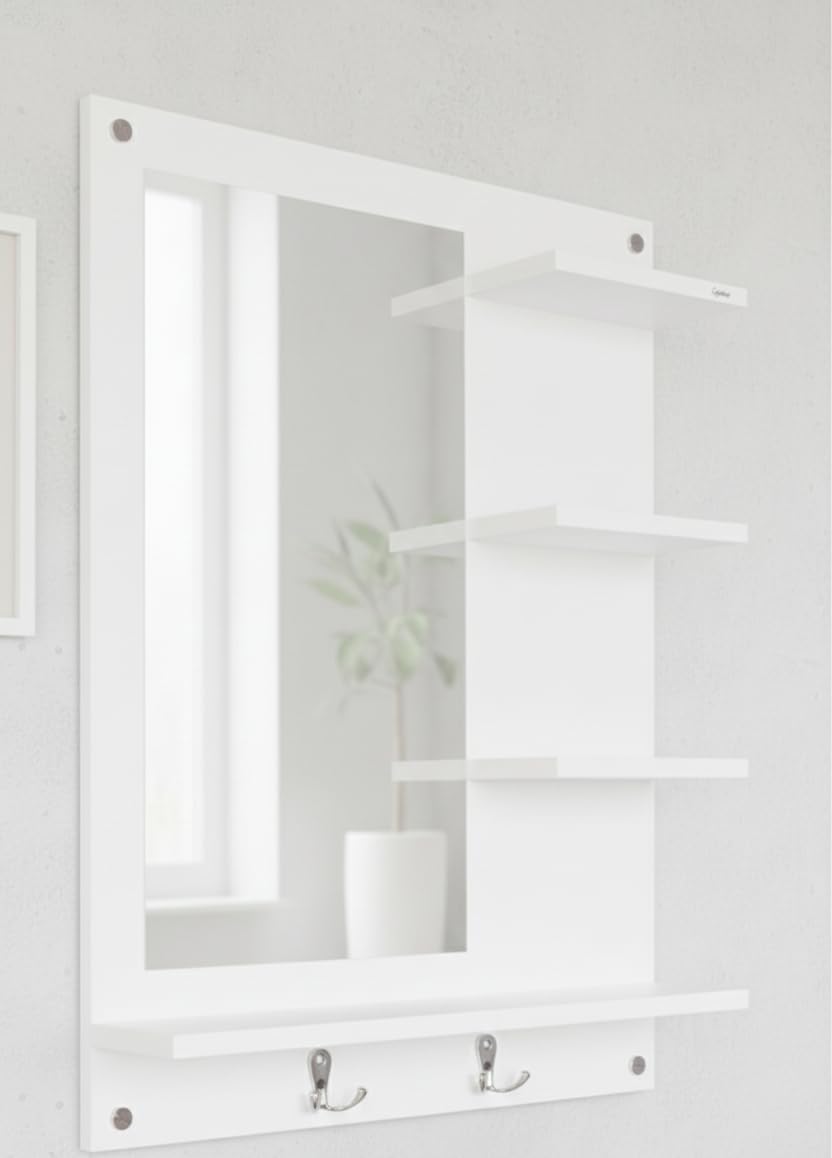 Captiver Engineered Wood Bellezza Wooden Wall Mounted Dressing Table Stand (60X80 CM,) I Mirror Bathroom Organizer Storage Bedroom Living Room Wash Basin Shelf Big (White)-image-30