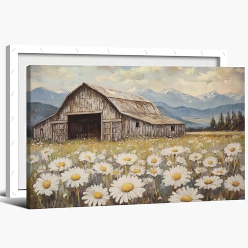 Rustic Barn With Daisies Wall Art Mountain Meadow Landscape Painting Print For Living Room Bedroom Farmhouse Decor Cozy Country Cabin Nature Field Poster Framed8x12inch