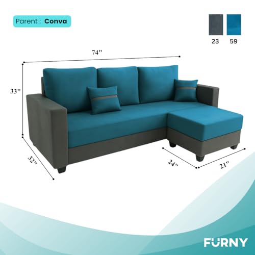 Image of FURNY Aura 4 Seater L Shape Sofa Set with Movable Ottoman | Flexible Left or Right Layout | Plush Velvet Fabric (Aqua Blue-Dark Grey) | Perfect for Living Room, Guest Room & Office