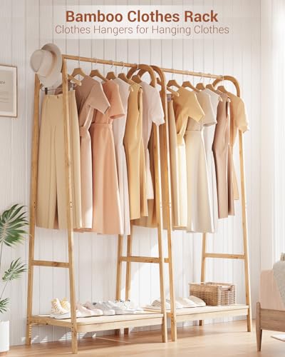 Clothing Rack with Storage Shelf, Bamboo Freestanding Garment Rack for Bedroom, Balcony, Clothes Store, Clothing Storage Organizer, Heavy Duty Clothes Rack for Hanging Clothes, Coats, Skirts, Shoes