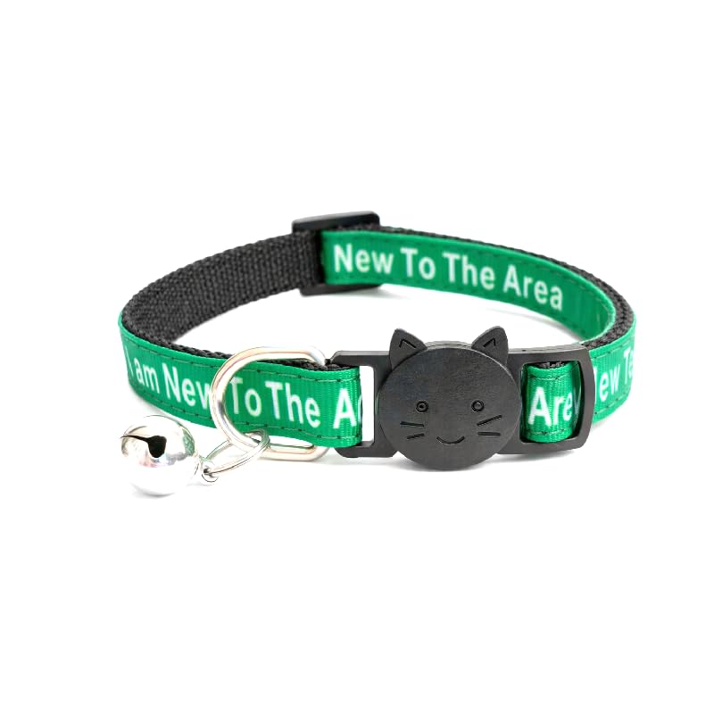 Kitten Collar with Bell | Please Do Not Feed Me, I Am Microchipped | Safe Quick Release Breakaway Buckle (Green, I Am New To The Area) — image 1