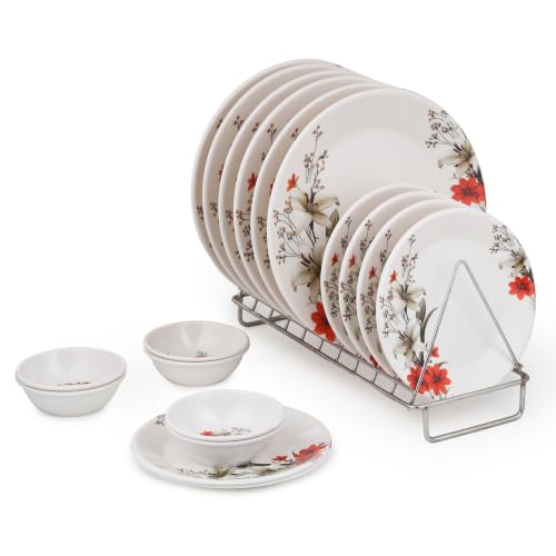 Image of Golden Fish Melamine Round Dinner Set of 18 (6 Plates + 6 Veg Bowls + 6 Half Plates) | Red & White Floral Print | Unbreakable, Dishwasher & Microwave Safe