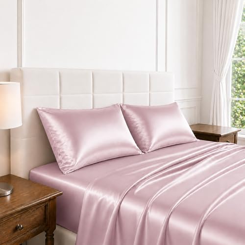Silky Satin Sheet Set Queen Size 4 Piece Breathable Smooth Decorative Pink