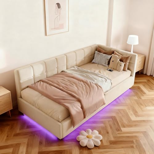 Yeutre Lit Coffre 90x200 cm, Canapé Lit 1 Place avec Rangement Hydraulique, LED et USB, Banquette Lits Rembourré Multifonction avec Sommier à Lattes, sans...