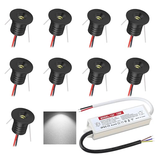 DYKUWEY Faretto da incasso 1W 9 pezzi Mini Luci da incasso 12V Faretto a LED per soffitto camera da letto Armadietto del bagno Scala per posto auto coperto (Nero Bianco Freddo 6000K)