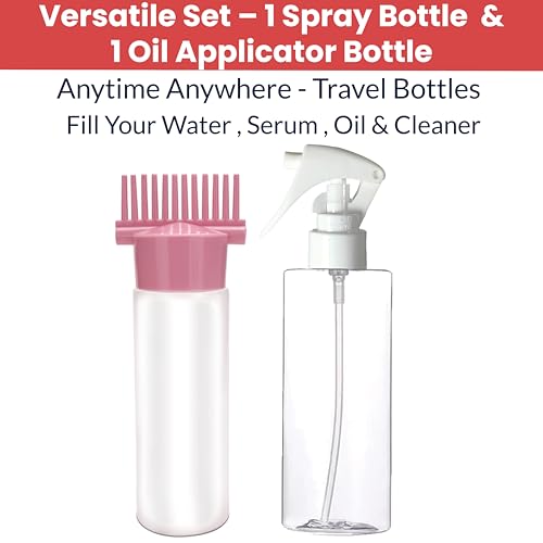 Image of TEMPERIA Set of Hair Oil & Serum Applicator Comb Bottle for Scalp and Massager with Water Spray Bottle - Empty Dispenser Tool Applier for Head Oiling & Applying and Salon Hair Sprayer Bottle for Mist