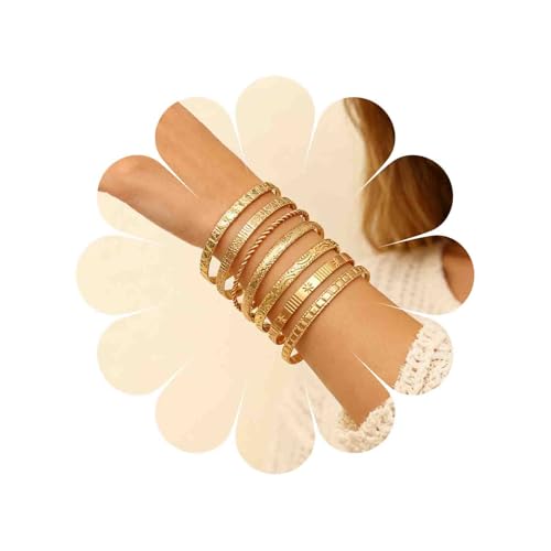 Image of Asdinbrettan Gold 7Pcs Alloy Textured Engraved Open Cuff Bracelet Set Women