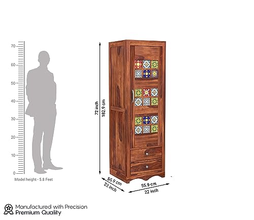 Image of Sheesham Wood Wooden Single Door Wardrobe Organizer for Clothes | - Solid Wood Almirah with 2 Drawers, 2 Shelves - Cupboard for Large Bedroom (Design 16)