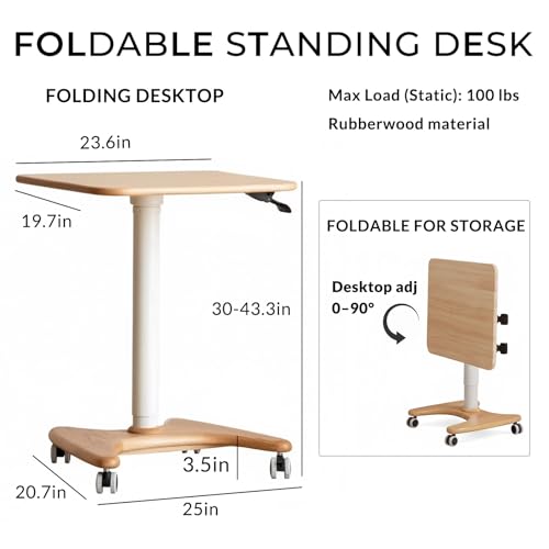 Image of 31.5in Mobile Standing Desk, 30-43.3in Rolling Desk Adjustable Height, Two-Piece Desktop with Tilting Top (0-90), on Wheels, Home Offices, Apartments, Bed & Sofa, Natural Color