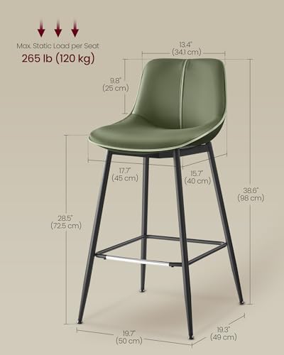 Image of VASAGLE Bar Stools Set of 2, Bar Height Bar Stools with Back, Ergonomic Backrest, Synthetic Leather, Metal Legs, 28.5-Inch Tall Barstools for Kitchen Island Home Bar, Easy Assembly, Forest Green