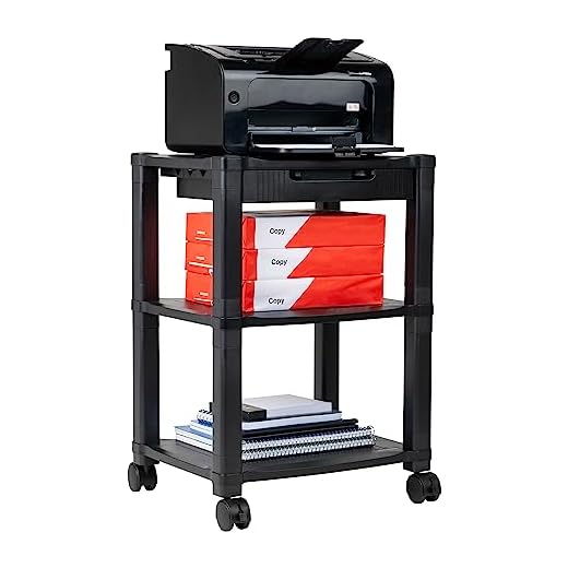 Mind Reader 3-Shelf Printer Cart, Stand with Wheels, Drawer, Cord Management, Black