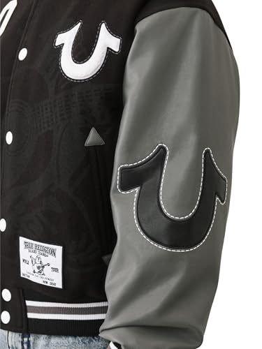 True Religion Men's Boxy Varsity Jacket – Snap Front Bomber Style with Embroidered Logos3