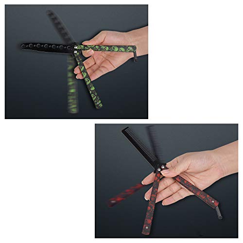 AIFUSI Practice Butterfly Knife Trainer, 2 Pack Steel Folding Comb, Unsharpened Blade, No offensive Bilsong for Beginners Training Outdoor Indoor Camping Tactical (Red & Green)