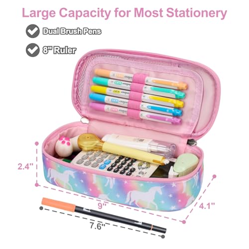 Image of Cute Kids Pencil Case - Girls Pen Pouch Large School Organizer | Pen Bag & Smooth Zipper, Multi-Slot Storage, Mesh Pocket, 900D Water Resistent, Giftable School Supplies, Rainbow Unicorn