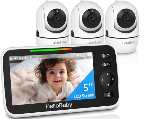 Image of HelloBaby 5" Screen Baby Monitor with 3 Cameras - No WiFi HB6550 Video Baby Monitor, 1000ft Long Range, ECO, 26 Hour Battery, Pan-Tilt-Zoom Night Vision, Temperature Sensor & 2-Way Audio, 8 Lullabies