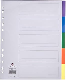 Concord Punched Pocket Dividers Plastic Multicolour-tabbed 5-Part Extra Wide A4 White Ref 66099