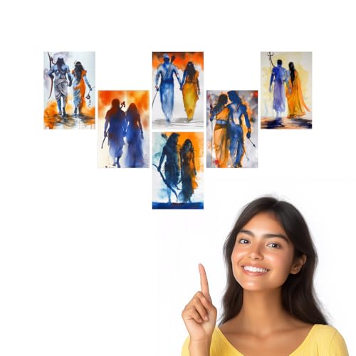 Image of SiddArtify Ramayana Watercolor Art Print Set - Blue - Orange - Gold - Set of 2-4x6 Inch - Board (Pack of 6) - Sticker (Pack of 6) Wall Room Decoration art Poster Prints