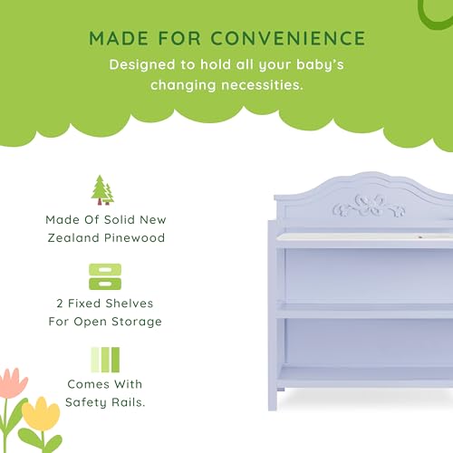 Image of Sweetpea Baby Jasmine Changing Table in Lavender, with Fixed Shelves, 1 inch Mattress Pad, Safety Strap, Safety Rails, New Zealand Pinewood Baby Changing Table
