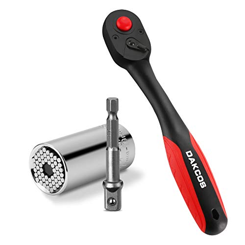 DAKCOS Clé à cliquet réversible 3/8' avec 72 dents Ensemble de douilles universelles Clé à douille multifonction avec adaptateur pour perceuse électrique