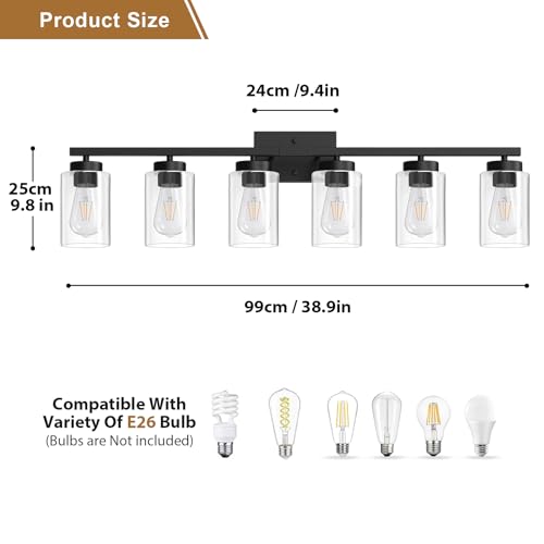 Image of IZORRO Bathroom Light Fixtures, Modern Vanity Lights, Bathroom Lighting Fixtures Over Mirror with Clear Glass Shade, Wall Sconce for Living Room Cabinet Bedroom (Matte Black, 6-Light)