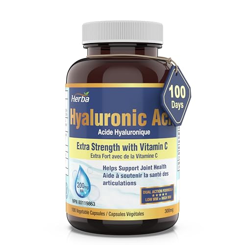 Herba Hyaluronic Acid Supplement 200mg – 100 Capsules | 100% Pure Hyaluronic Acid Capsules with Vitamin C to Support Joint and Bone Health | Made in Canada