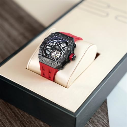 Image of Tsar Bomba Men's Tonneau Luxury Automatic Watch - Skeleton Dial, Carbon Fiber Bezel, Red Silicone Strap, 50M Water Resistant, Watch for Men - TB8209CF-32