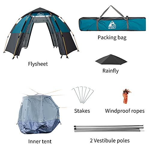 Image of Hewolf 2 /3 /4 Person Camping Tent - Instant Pop Up Waterproof 2 Doors Tent with Easy Setup | 3-Season Hexagonal Dome Design for Family, Hiking & Traveling