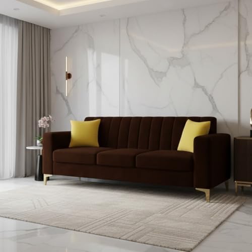 Image of FURNY Alona 3 Seater Fabric Sofa Set (Dark Brown) Premium Velvet Finish | Durable & Comfortable Ideal for Living Room, Offices
