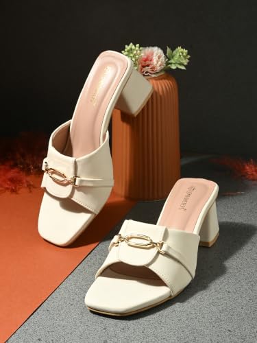 Image of Women's Block Heel Mule Sandals | Stylish Slip-On Heels with Metal Chain Detail | Cushioned Footbed | Square Toe Fashion Slides for Party, Office & Casual Wear
