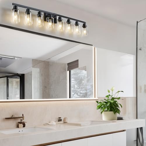 Image of 8 Light Bathroom Vanity Lights Over Mirror, 52inch Black Vanity Lights Fixtures Matte Black Modern Vanity Lights Black Bathroom Wall Lighting for Mirror Bedroom,Living Room