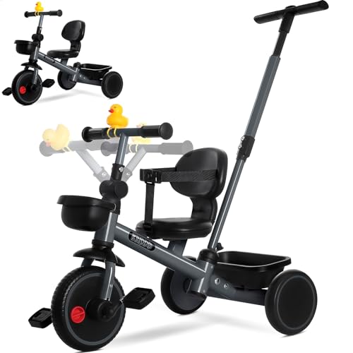 Image of KRIDDO 2-in-1 Tricycle for Toddlers 1.5-5 Years, Push Tricycle with Parent Steering & Detachable Handle, 9-Stage Adjustable Handlebar, Toddler Trike with Safety Belt, Clutch Pedals & Dual Basket, Grey