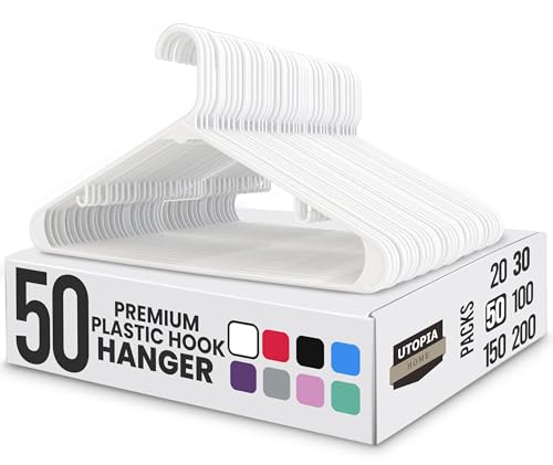 Utopia Home Perchas Blancas de Plástico 50 Paquetes con Ganchos - Perchas Blancas Duraderas y Resistentes Que Ahorran Espacio para Abrigos, Faldas, Pantalones, Vestidos, Etc