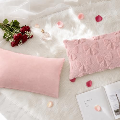 Image of decorUhome Pink Bow Cute Girl Faux Fur Throw Pillow Covers 12x20 Set of 2