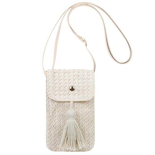 AdiStylinno Bolsas pequenas transversais para mulheres, com borlas de palha para celular, bolsa pequena de tecido com alça ajustável, Off-white, 11 x 18 x 1.5 cm / 4.75 x 7 x 0.5 in