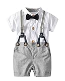 Elonglin Baby Jungen Anzug 3 Stücke Set Gentleman Kleidung Sets Bodys mit Shorts Hosenträger mit Bowtie Weiß Strampler+Grau Shorts+hosenträger+Fliege 80cm(6-12 M)