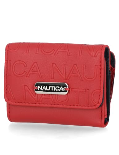 Image of Nautica Rower's End Small Wallet for Women, RFID Blocking Slim Credit Card Holder with Zipper Coin Pocket, Bifold Compact Womens Wallet with ID Window Red (Embossed)