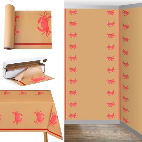 Oudain 40 Inch x 100 ft Crab Print Tablecloth Roll with Cutter Box Plastic Roll Crab Print Table Cover Disposable with Cutter Box for Sea Animals Dining Kitchen Centerpiece