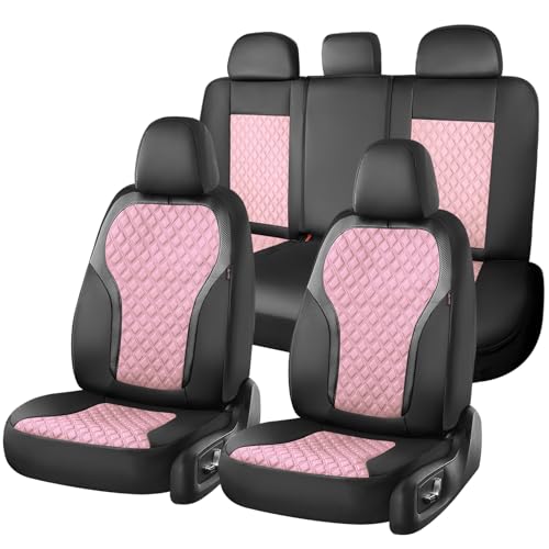 Image of Coverado Car Seat Covers Full Set, Pink Car Seat Covers, Luxury Leather Car Seat Cover with Carbon Fiber Textured Design, Spill-Proof Seat Cushions, Automotive Seat Cover Universal Fit Most Cars