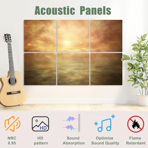 6 paneles acústicos de arte absorbentes de sonido paisaje atardecer lago panorámico abstracto cielo dramático dorado difuso para decoración de paredes autoadhesivos para estudios de grabación y oficina 72"x48" miniatura 3