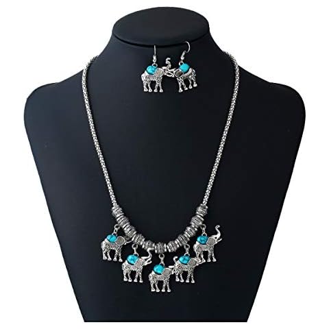 Tpocean Bohemian Turquoise Necklace Earrings Bracelet Set Retro Crystal Choker Chain Jewelry for Women (Elephant) Cover