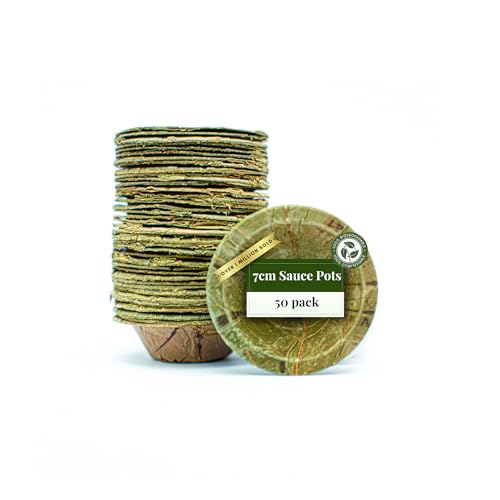 Tapari Disposable Sauce Ramekins - 50 Pack Mini Sauce Pots - 7cm Diameter - Made from Sturdy & Eco-Friendly Sal Leaves - 100% Compostable & Biodegradable Disposable Leaf Soufflé pots - 30ml, Green