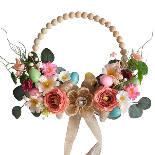 TEMPUS Artificial Easter Wreath 16 Inch Wooden Beads Wreaths for Front Door Spring/Summer Decoration with Colorful Silk Flowers Eggs Flax Bow for Home Indoor Window Wall Farmhouse Outside Decor