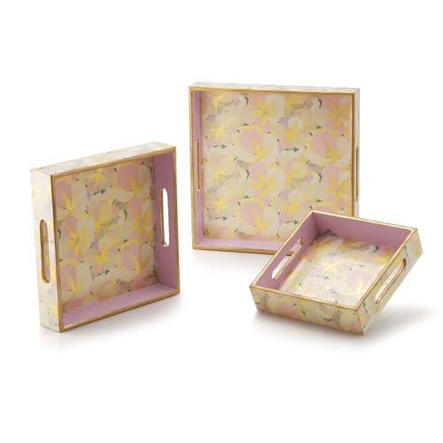 Image of Attro Square Designer Wooden Serving Tray Set - 1 Big, 1 Medium, 1 Small for Home Decor, Kitchen Use, Dining - Set of 3 Petal Gold