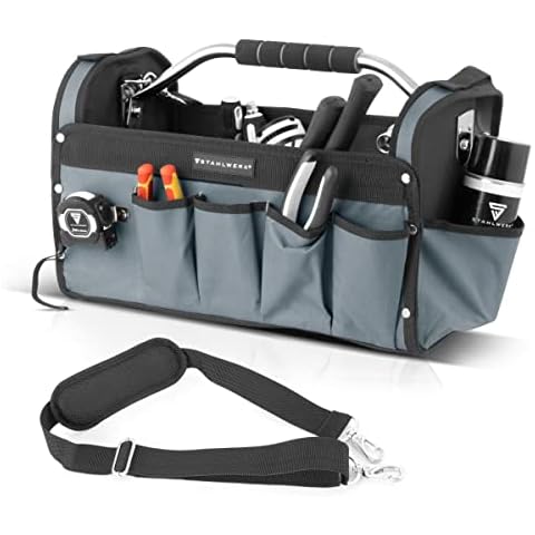STAHLWERK Werkzeugtasche mit 12 Außentaschen, 5 Innentaschen und 7 Innenschlaufen, robuste XL Montagetasche / Werkzeugkoffer / Werkzeugkasten mit Tragegriff und Schultergurt Cover