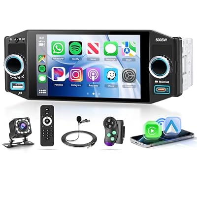 Orderich Single Din Car Stereo with Wireless Carplay Android Auto, 5 Inch Touch Screen Car Stereo 1 Din with Backup Camera Car Radio Support Mirror Link Bluetooth 5.0 FM USB EQ Steering Wheel Control