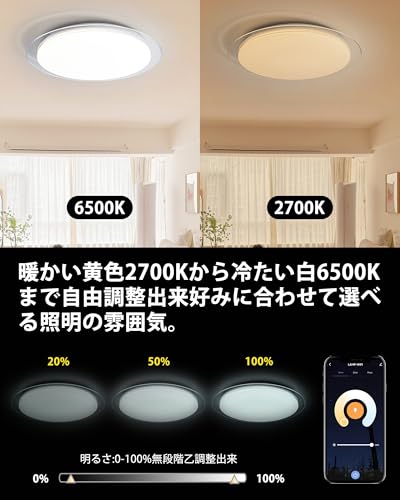 【Bluetoothスピーカー搭載】LEDシーリングライト 12畳 Alexa対応 音楽連動 調光調色 5760lm RGB1600万色 アプリ＆リモコン操作 常夜灯 メモリー機能 シンプル 天井照明 寝室 リビング ダイニング 子供部屋 ゲーム部屋対応（直径45cm 48W ） [5]