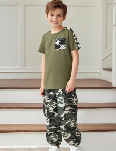 Image of mksodopy Boys Clothes Outfits Set, Camo Cargo Pants and Short Sleeve Pocket Tee 2PC Summer Tracksuit for Kids 5-16Y