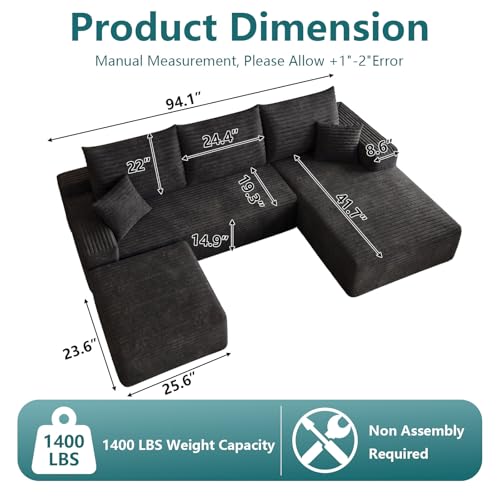 Image of 95 inch U-Shape Cloud Couch, Modern Modular Sectional L-Shape Sofa with Ottoman, Corduroy Upholstered Couches Deep Seat Sleeper Chaise Longue for Living Room, No Assembly Required(Black, Right Facing)