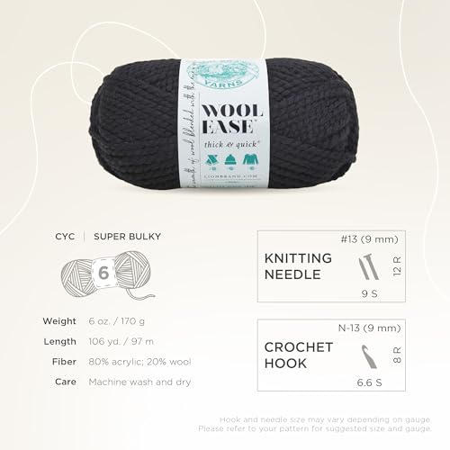Image of Lion Brand Yarn Wool-Ease Thick & Quick Yarn, Soft and Bulky Yarn for Knitting, Crocheting, and Crafting, 1 Skein, Black | Super Bulky Wool Acrylic Blend Fiber for Soft Hats, Sweaters, Chunky Blankets, Yarn for Crochet, Knitting, Crafts, Weaving