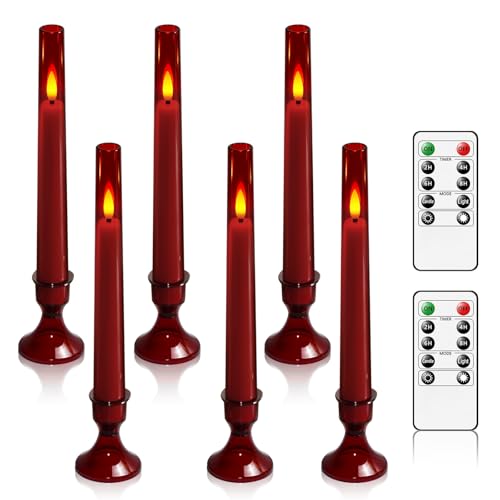 Image of LTETTES 6 PC Acrylic Flameless Taper Candles with Remote | Red Battery Operated LED Candles with Timer | Flickering Light | Heat-Resistant | Safe for Pets & Kids | Table, Window & Wedding Decor